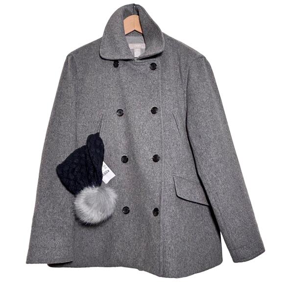 J. Crew Wool Cashmere Peacoat Gray PLUS Beanie Faux‎ Fur Pom Basket Weave Cap - Picture 1 of 16